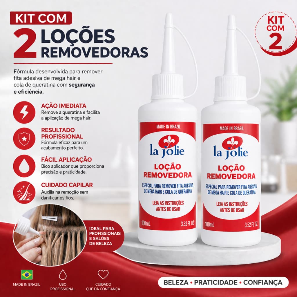 2 Loção Removedor La Jolie 100 ml de Mega Hair de Queratina Fita Adesiva Cola Liquida - Envio Imediato