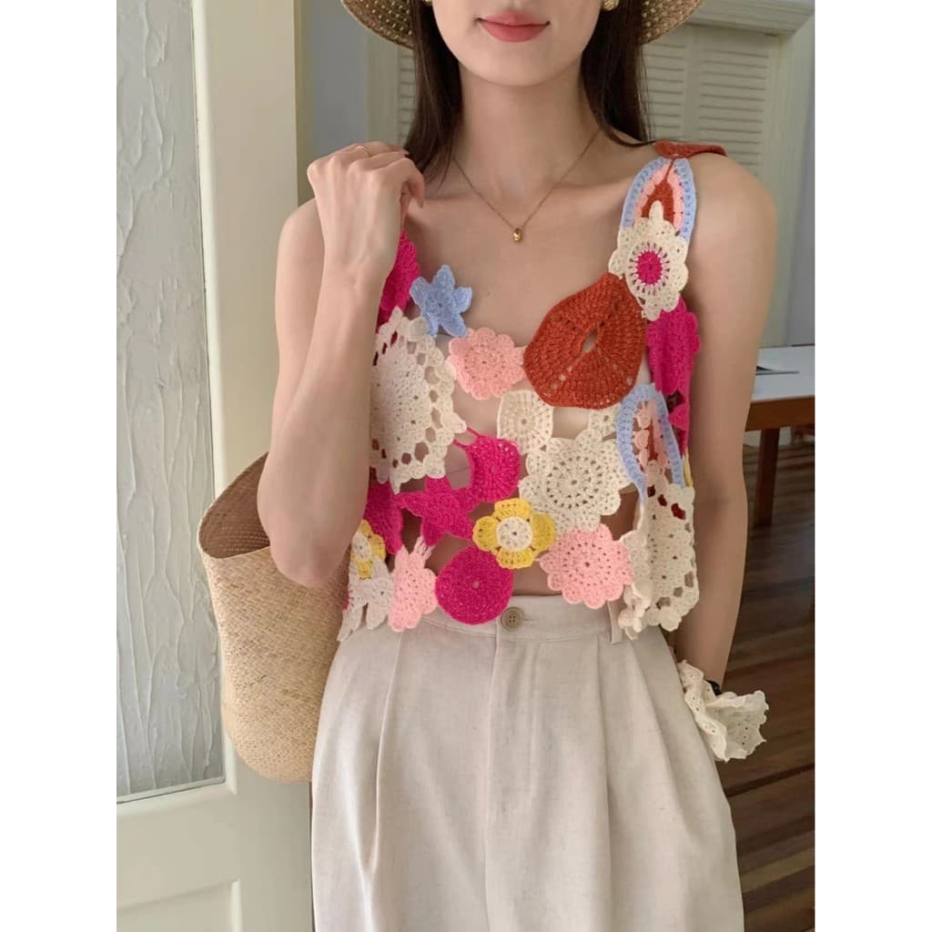Dopamina feminino colorido flor oco camisola feminina verão Design nicho doce malha topo