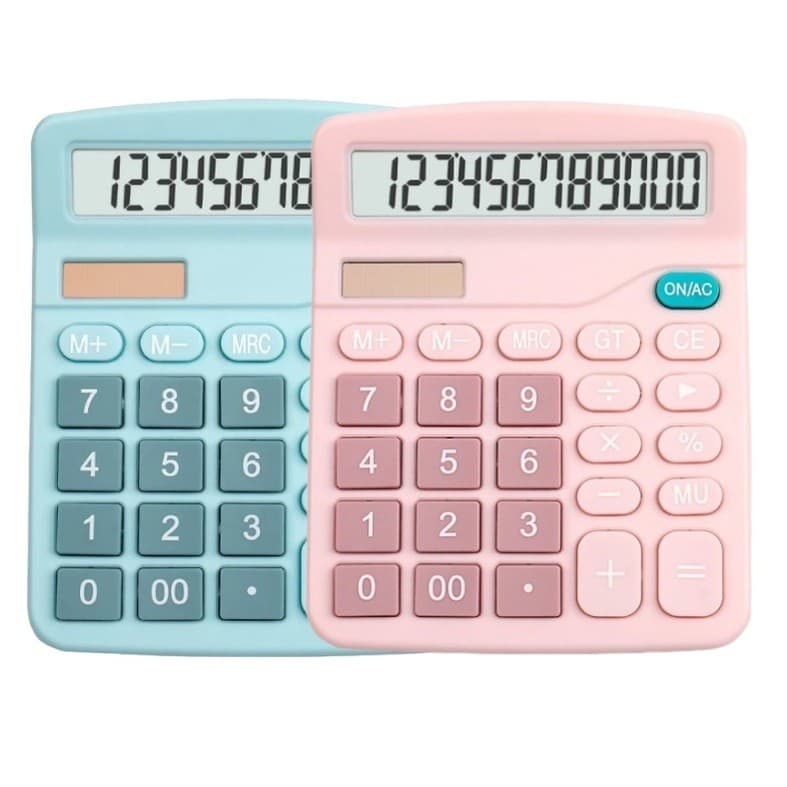 Calculadora Mesa Grande 12 Dígitos Solar e Pilha Azul Rosa Colorida