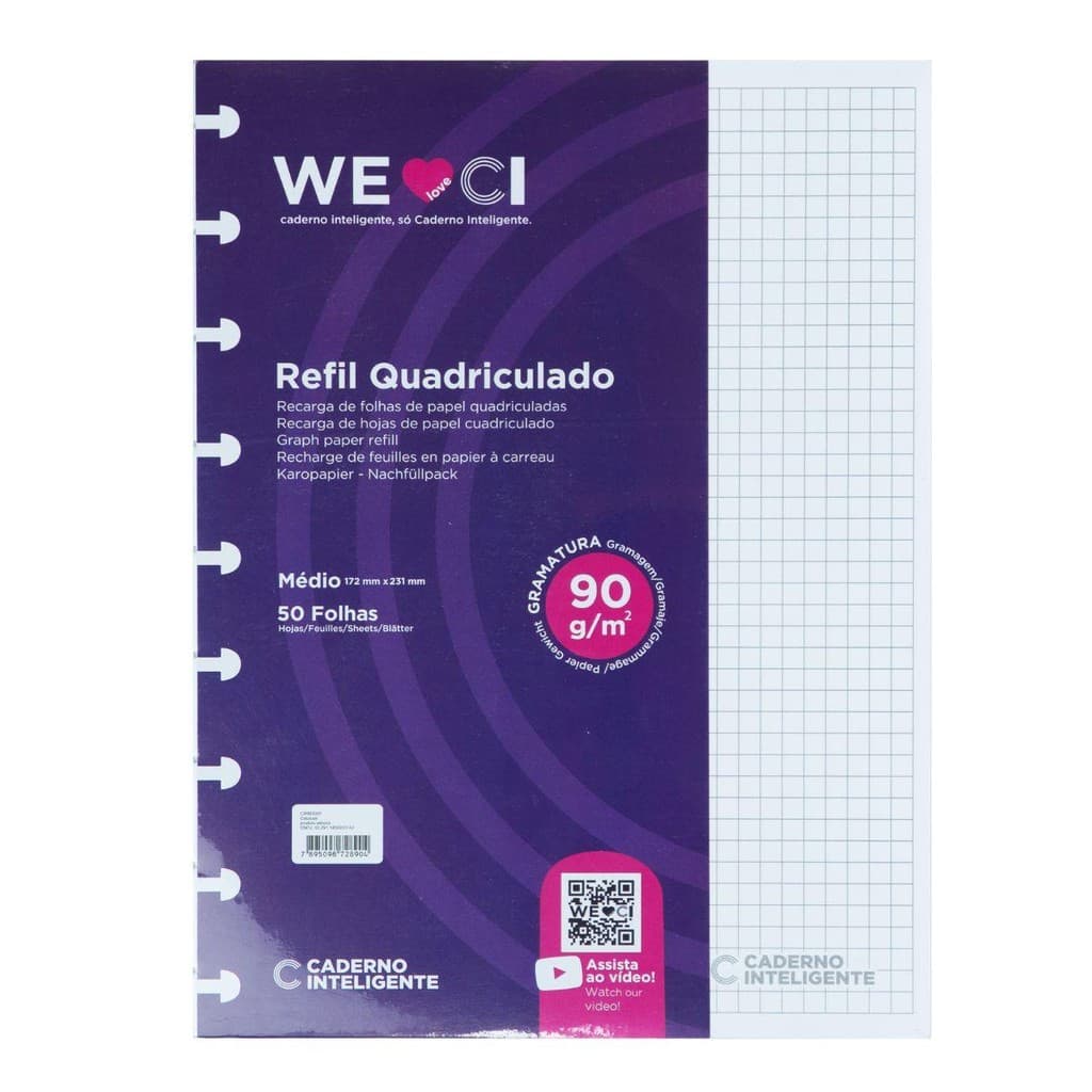 Refil Quadriculado Caderno Inteligente Médio Linhas Cinzas 50 Folhas 90g