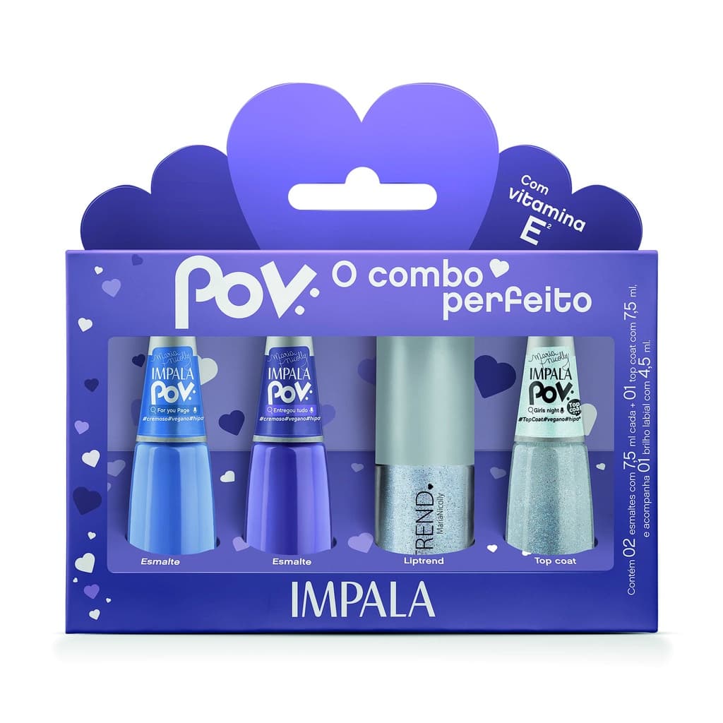 KIT IMPALA COLEÇÃO POV  MARIA NICOLLY - 2 ESMALTES + 1 TOP COAT + 1 GLOSS