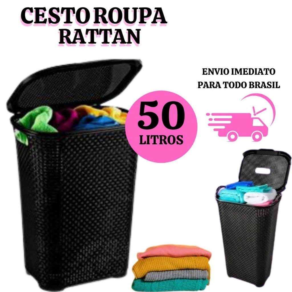 Cesto de Roupa Multiuso com Tampa Rattan 50 Litros – Organizador de Roupa Suja Lavanderia