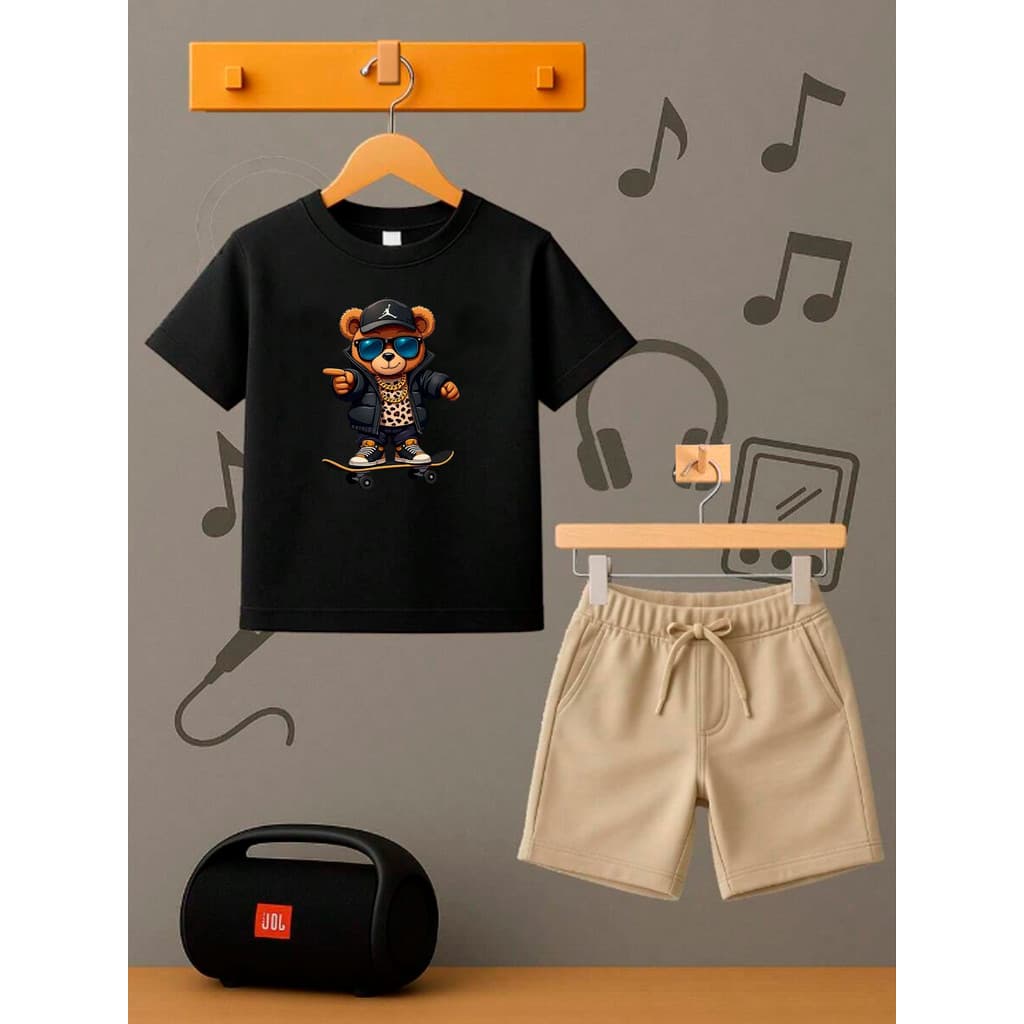 Conjunto Infantil Camiseta + Short Safari URSO SKATE Moda Teen Kids Bolso Lateral