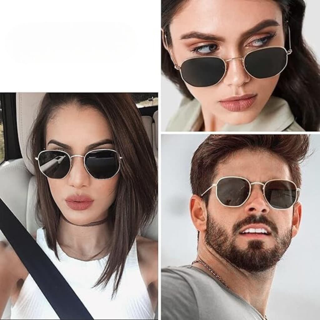 Óculos de Sol Hexagonal Feminino e Masculino com Lente Escura e Armação Metal Geométrico