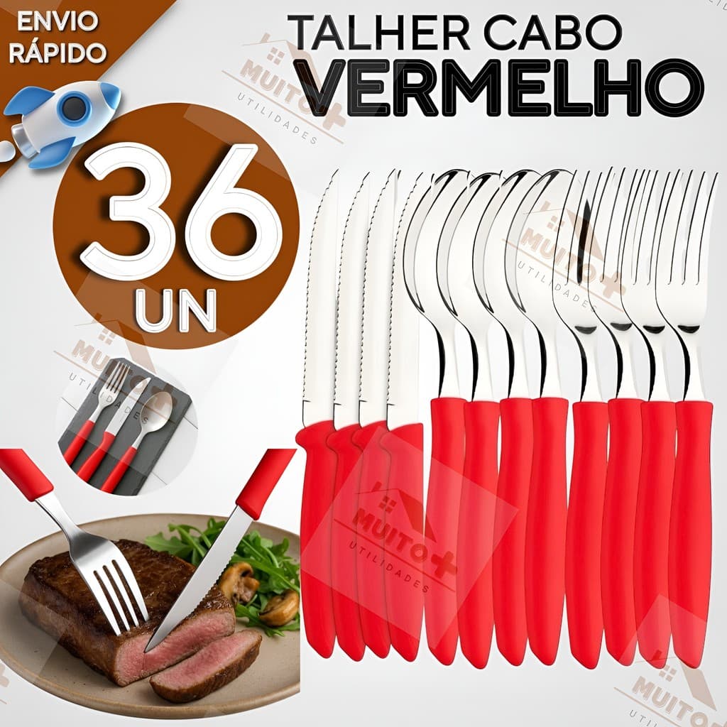 Jogo de Talheres Faqueiro Aço Inox 36 peças Prático Jogo de Talher Cabo Vermelho