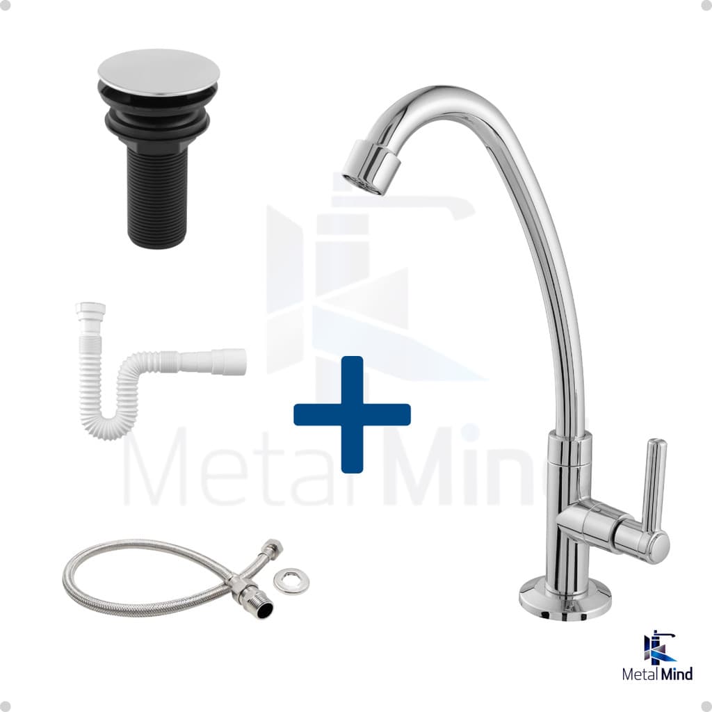 Kit Banheiro em ABS Cromado -Torneira Bica Alta, Válvula Click, Engate Flexível e Sifão Branco