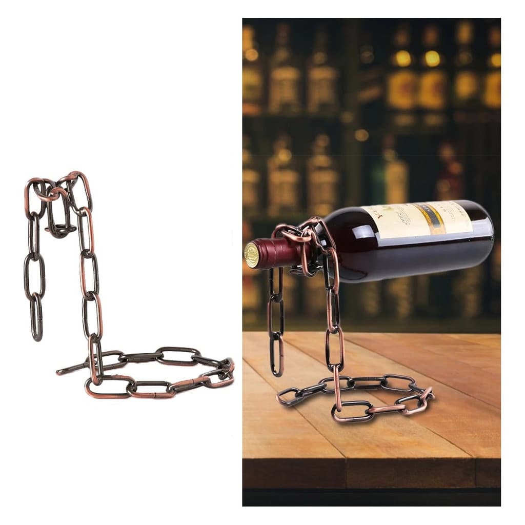 Suporte de Vinho Mágico em Corrente Metálica – Decoração Retrô e Criativa