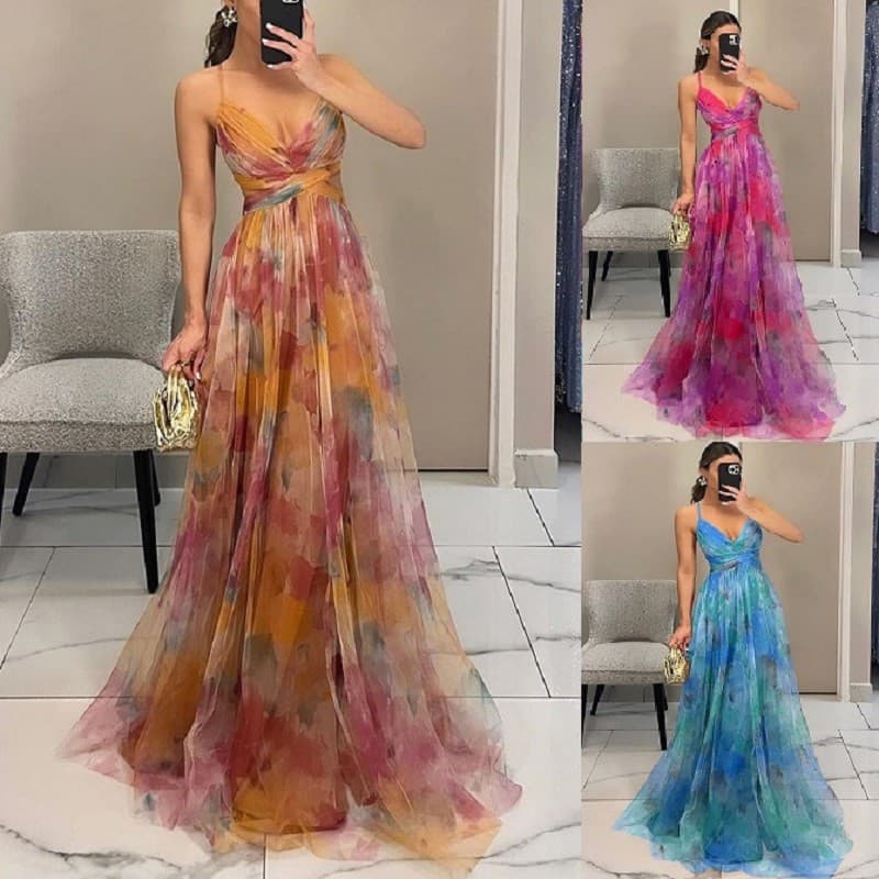 Vestidos Femininos Estampados Com Suspensório Malha Decote Em V Vestido De Festa De Cintura Alta