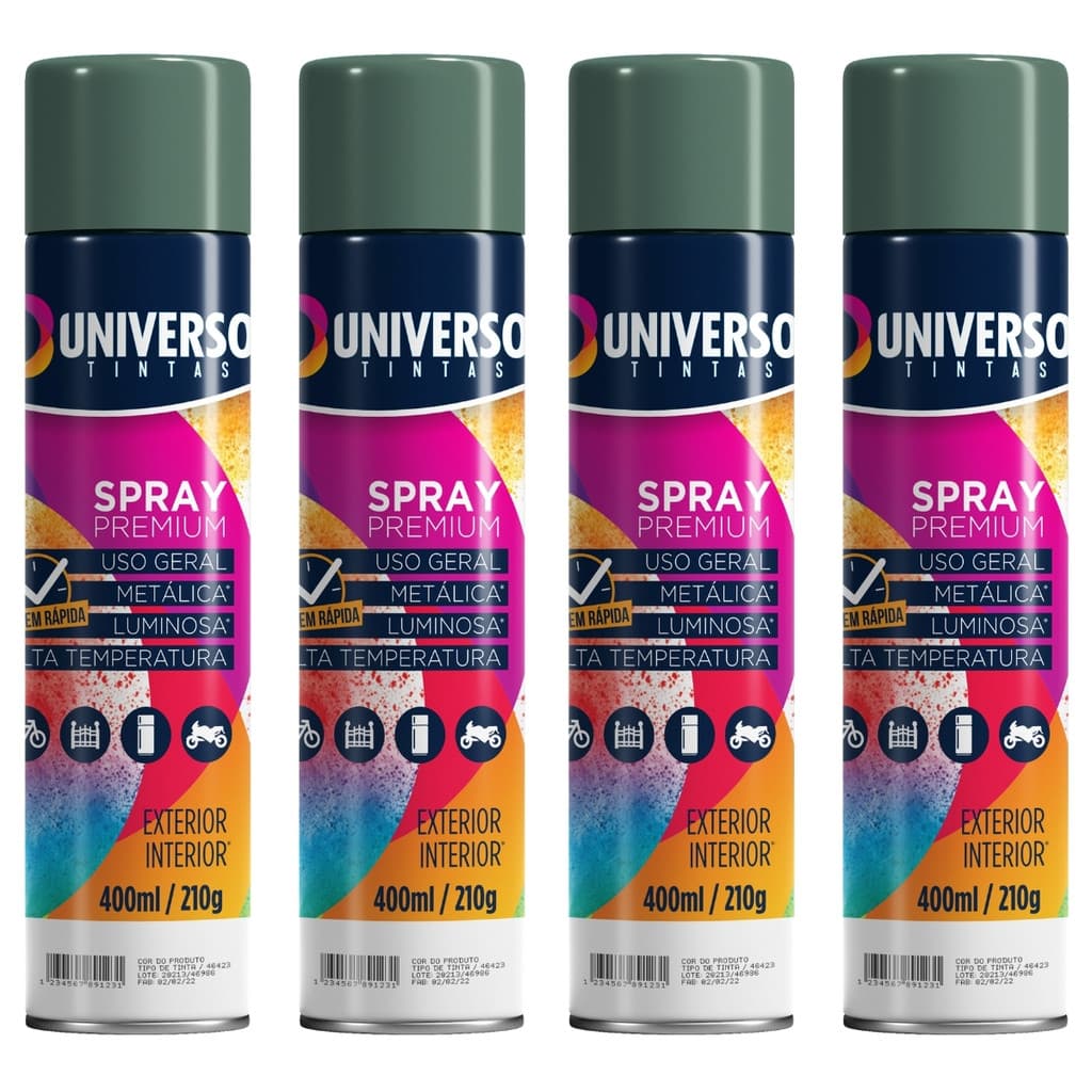 Kit 4 Tintas Spray 400ml Verde Escuro Uso Geral Universo Tinta para Pintura Aço Ferro Couro Gesso Cerâmica