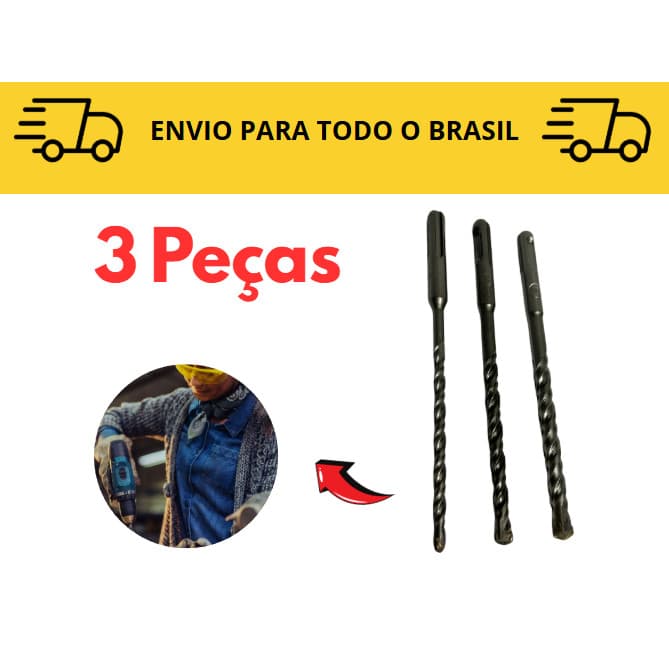 Kit 3 SDS  Brocas encaixe 6, 8, 10 Broca Para Martelete / Rompedor / Impacto