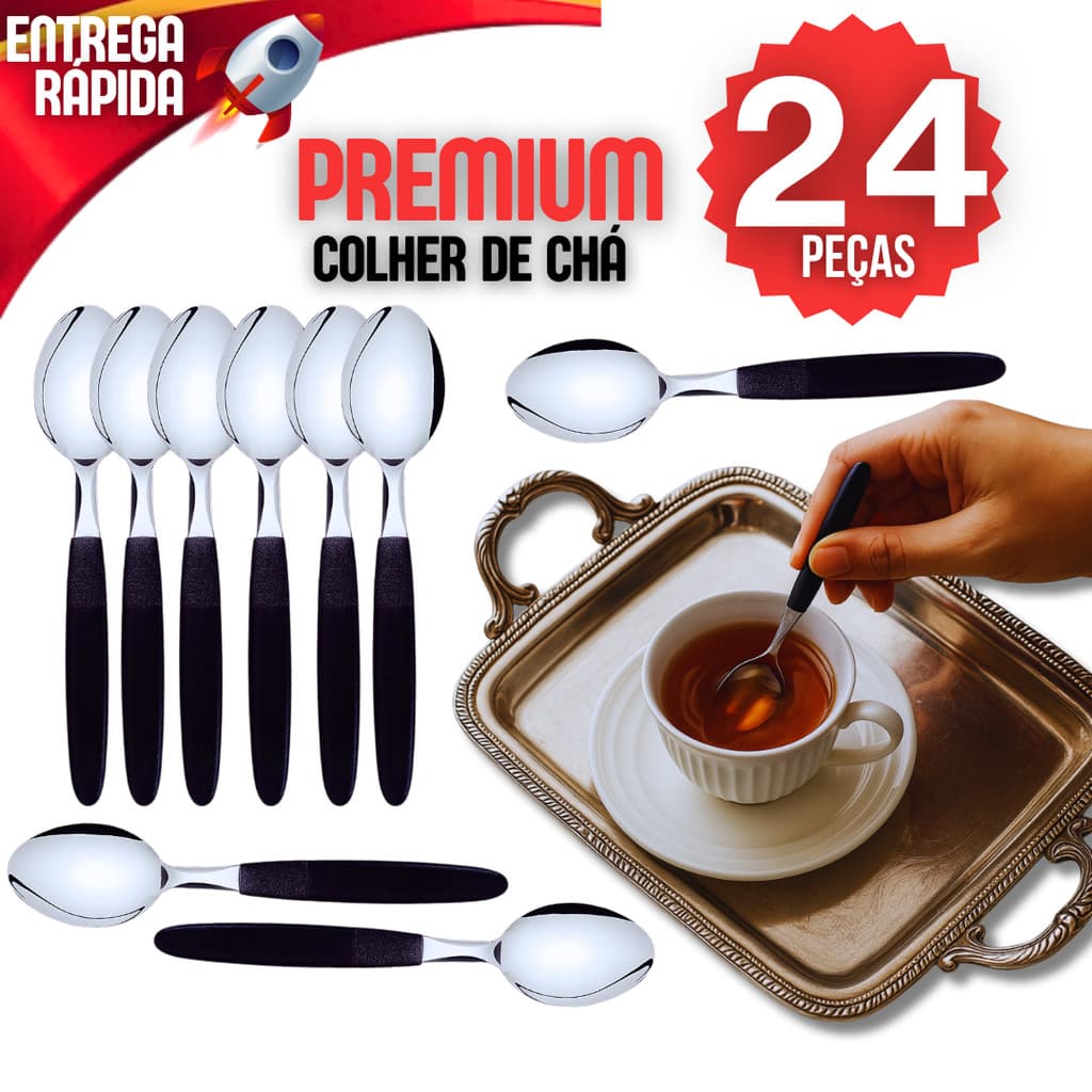 Kit 24 Colheres de Chá Aço Inox 24 Colher de Cha Casa Para Restaurante Cabo Preto Cabo Colorido
