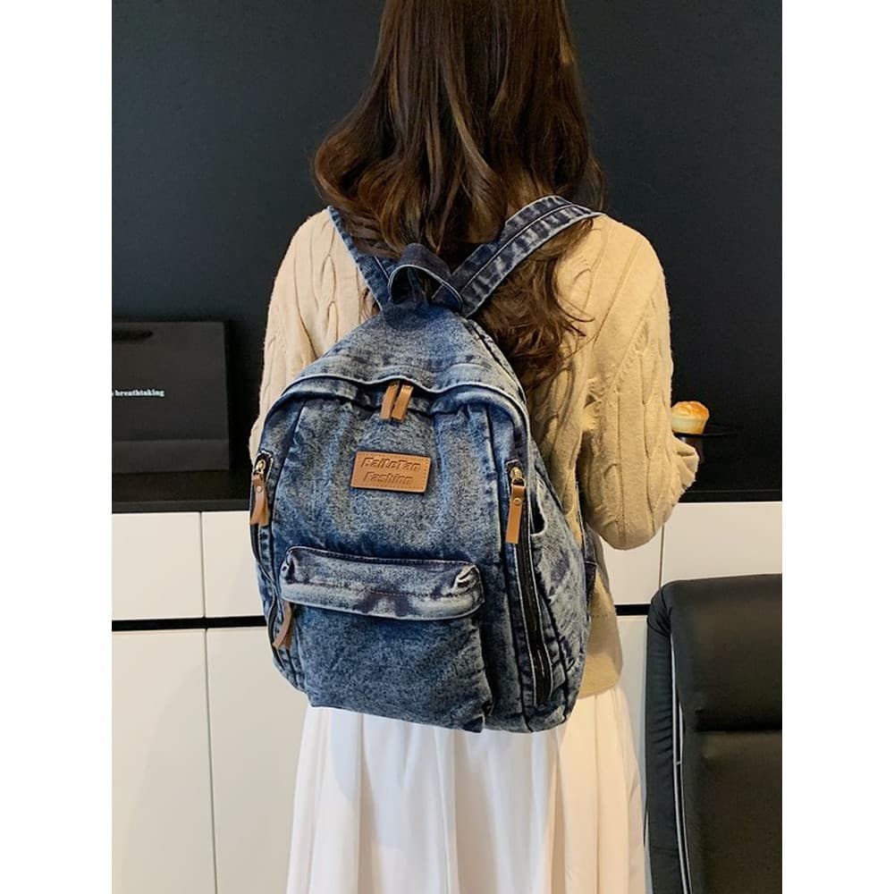 Simples estilo Hong Kong Retro lavado Denim mochila masculino estudante universitário mochila de estudante do ensino méd