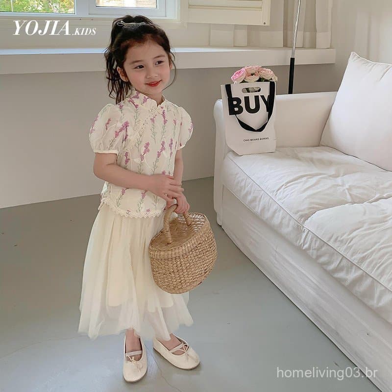 Conjunto Hanfu para Meninas, Novidade de Verão 2023, Cheongsam Antigo Aprimorado, Roupa Infantil Feminina, Saia de Tule