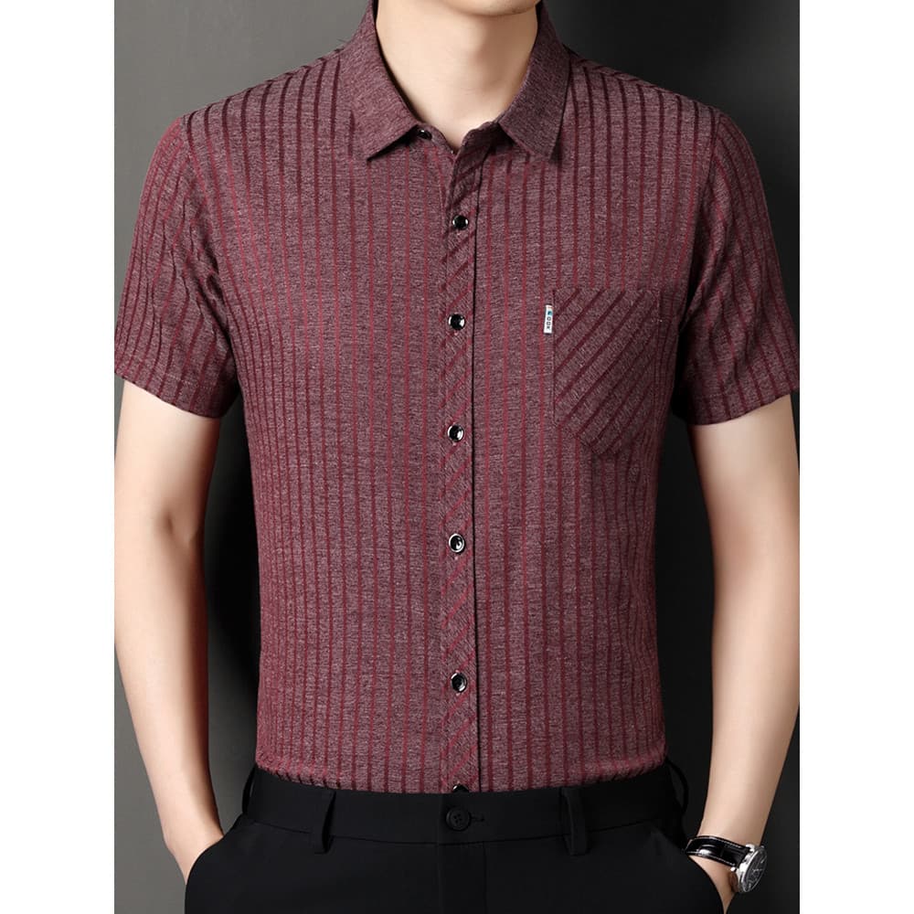 Listra Vertical camisa de manga curta masculina camisa polo lapela verão High-End seda amoreira 2026 nova camisa Casual