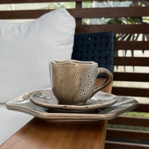 Kit Café Chá 4 Xícaras+4 Pratos De Doce Cerâmica Orgânica Provence