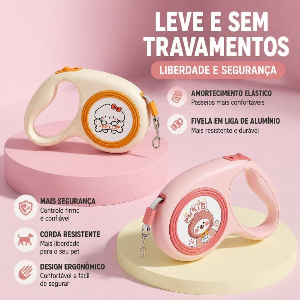 Guia Retrátil Pet 3m/5m para Cachorro com Trava de Segurança e Fita Reforçada