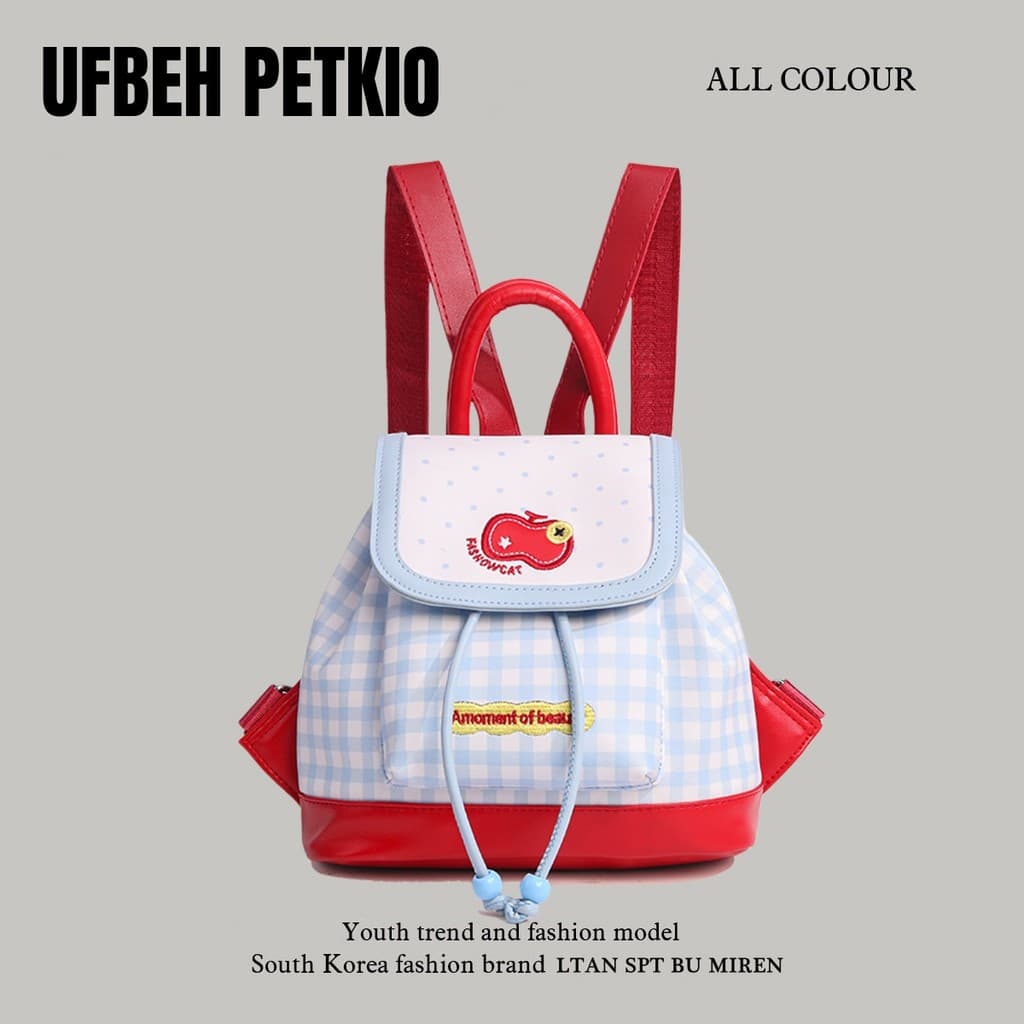 UFBEH PETKIO novo estilo Retro contraste cor vermelho maçã mochila 2026 novo estilo moda xadrez pequena mochila feminina