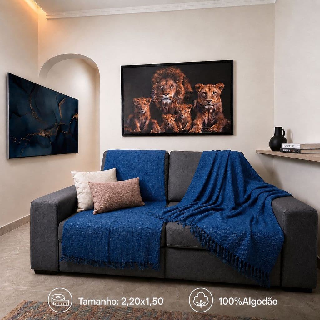 Manta Confort Solteiro 100% Algodão Decorativa Azul 2,20x1,50