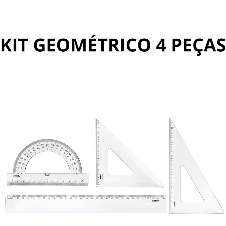 Conjunto Geométrico Escolar 4 Peças Régua Esquadro Transferidor Transparente Material Escolar