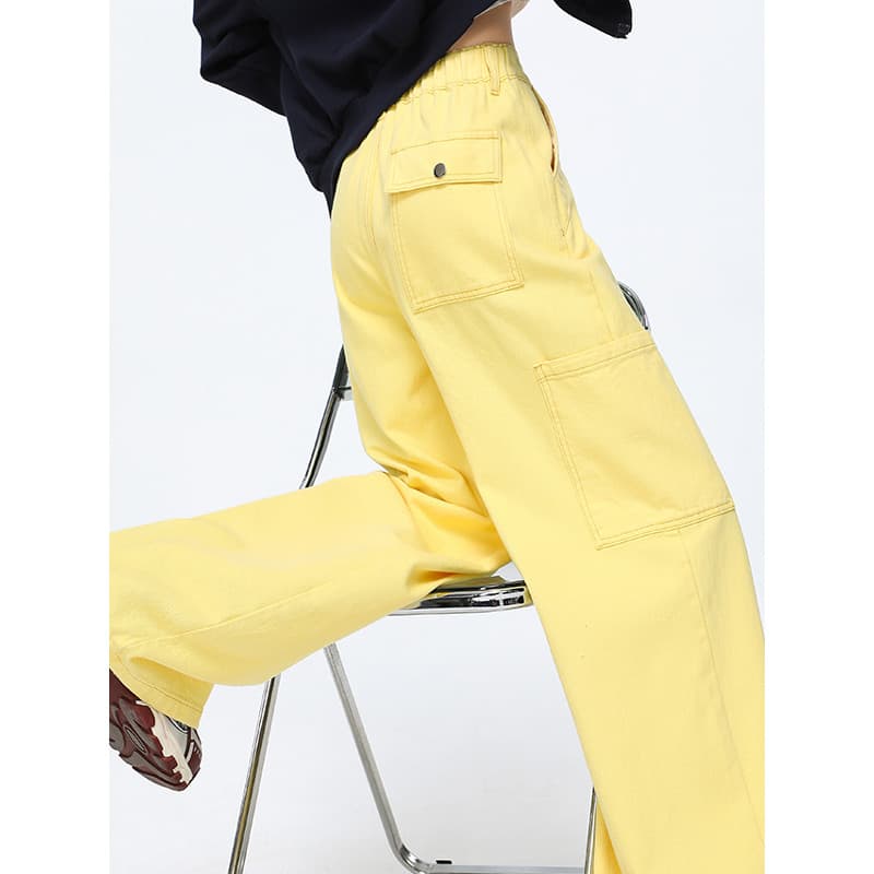 Amarelo geral Jeans feminino primavera 2026 novo estilo dopamina doce cor grande bolso estilo americano em linha reta ca