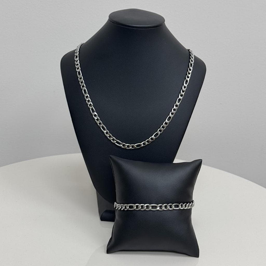 Corrente e Pulseira 3x1 Masculina Cordão Aço Inoxidável