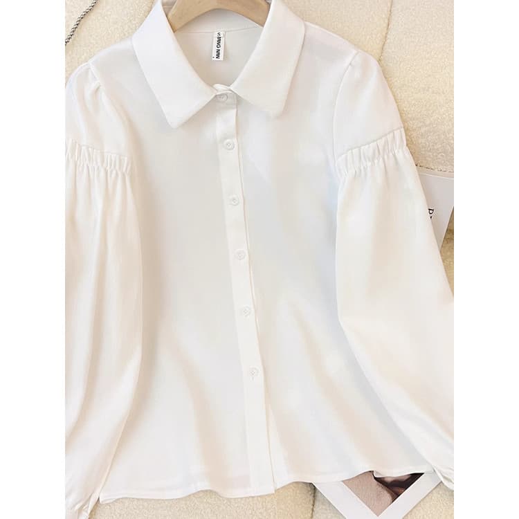 Francês rosa escovado camisa grossa feminina primavera outono solto gola de boneca interna camisa de fundo All-Match em