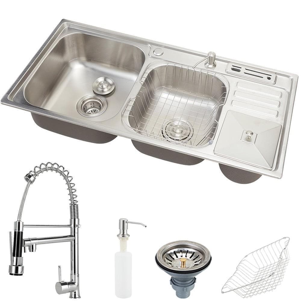 Kit Pia para cozinha dupla em aço inox com acessórios com lixeira Nukini, Torneira Gourmet Munim Pingoo