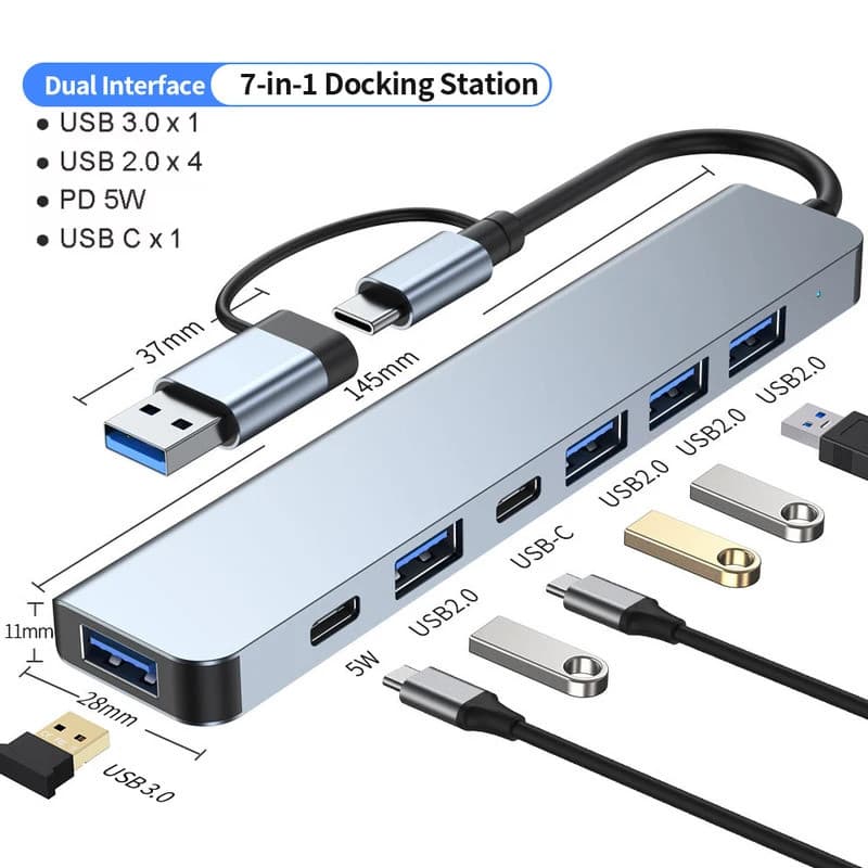 USB C Hub USB Hub 3.0, Aluminum 7 in 1 USB Extender, USB Splitter with USB 3.0, 4 X USB 2.0 and 2 USB C Ports USB Distri