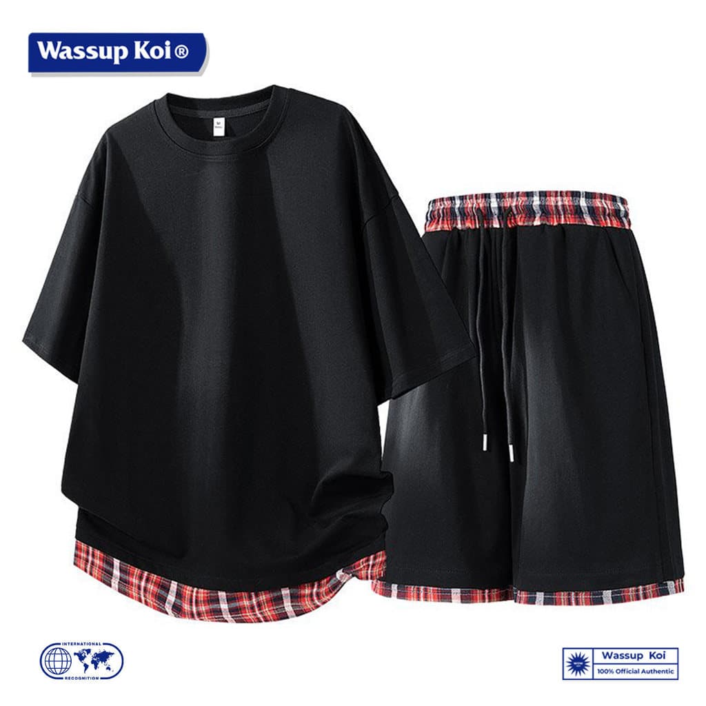 WASSUP KOI Juventude Falso Duas Peças Xadrez Costura Terno Esportivo Masculino Verão Camiseta de Manga Curta Shorts Tern