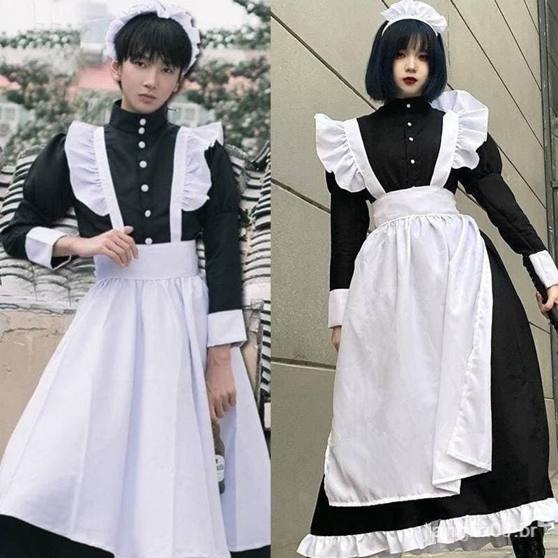 Fantasia Cosplay para Homens e Mulheres, Vestido Longo Preto Estilo Lolita Japonesa Anime Maid, Traje OT0C U4DL PI1Y