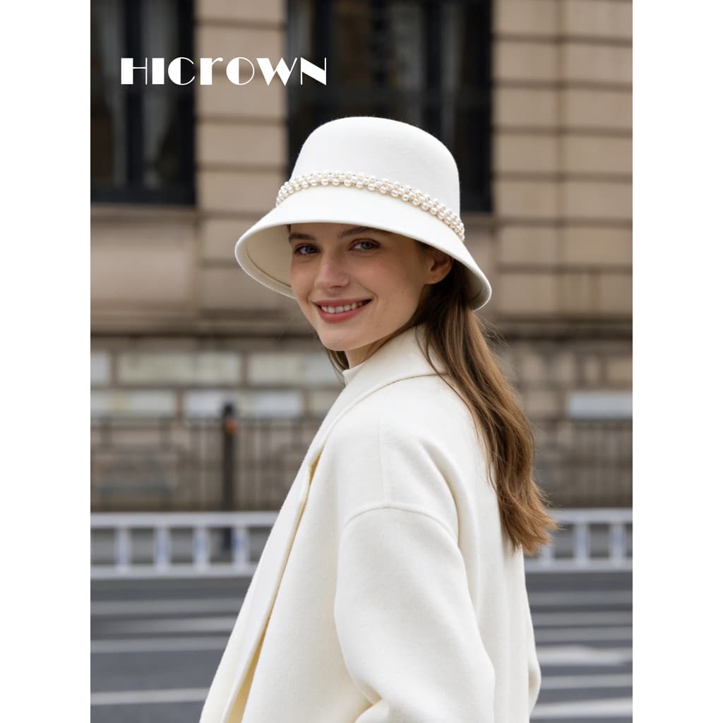 Novo outono inverno elegante Retro pérola branco balde de lã chapéu viagem forma côncava senhoras quente High-End chapéu