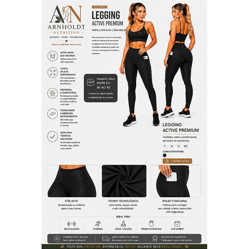 Legging Power Fit Pocket Preta-Cós Alto com bolso lateral