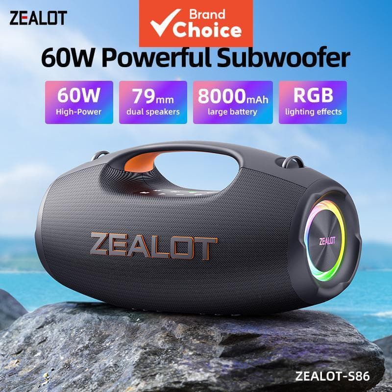 ZEALOT S86 Caixa de Som Bluetooth portátil 60W, graves sem fio ao ar livre, IPX6 à prova d’água, bateria de 8000mAh, TWS