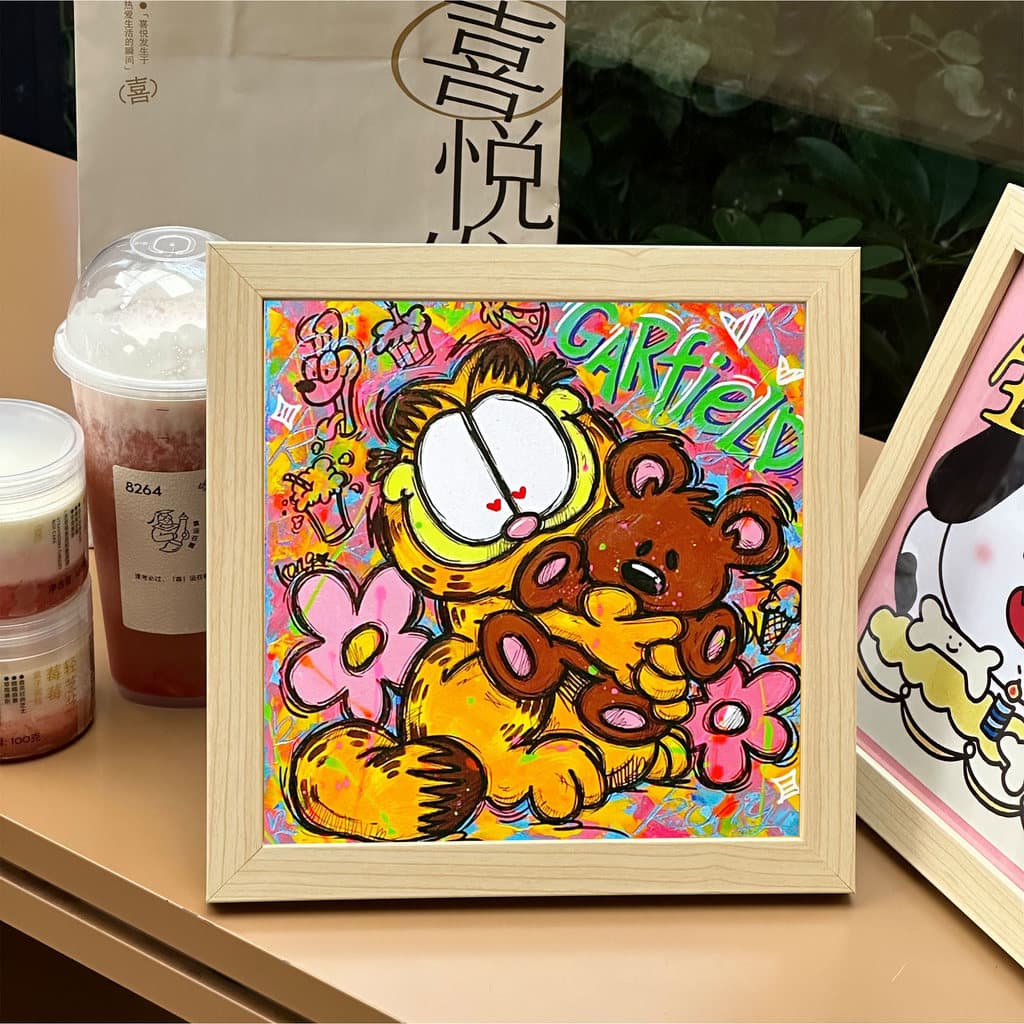 Arte em madeira Original Garfield abraço urso óleo Pastel Log cor moldura de foto 27cm madeira maciça ornamentos criativ