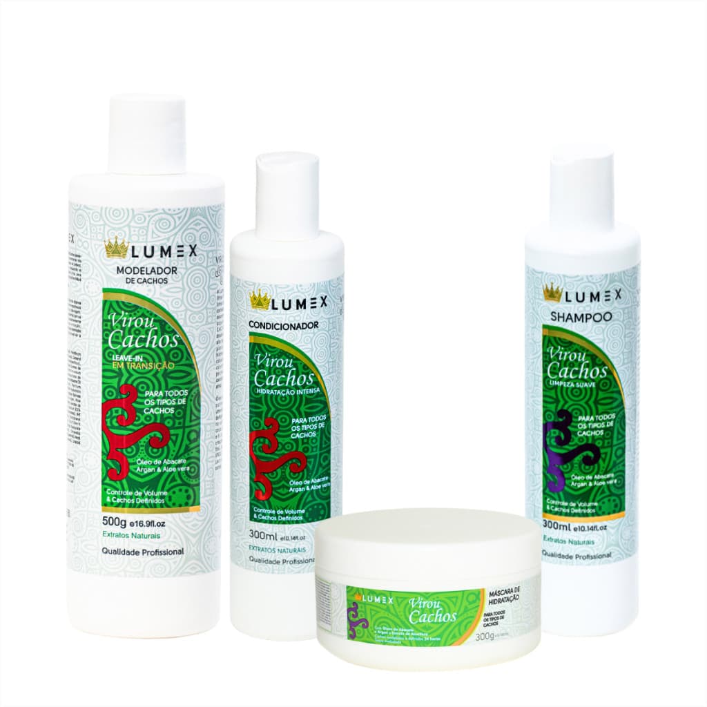 KIT VIROU CACHOS  SHAMPOO + CONDICIONADOR + MÁSCARA 300ML/G + MODELADOR 500G - LUMEX