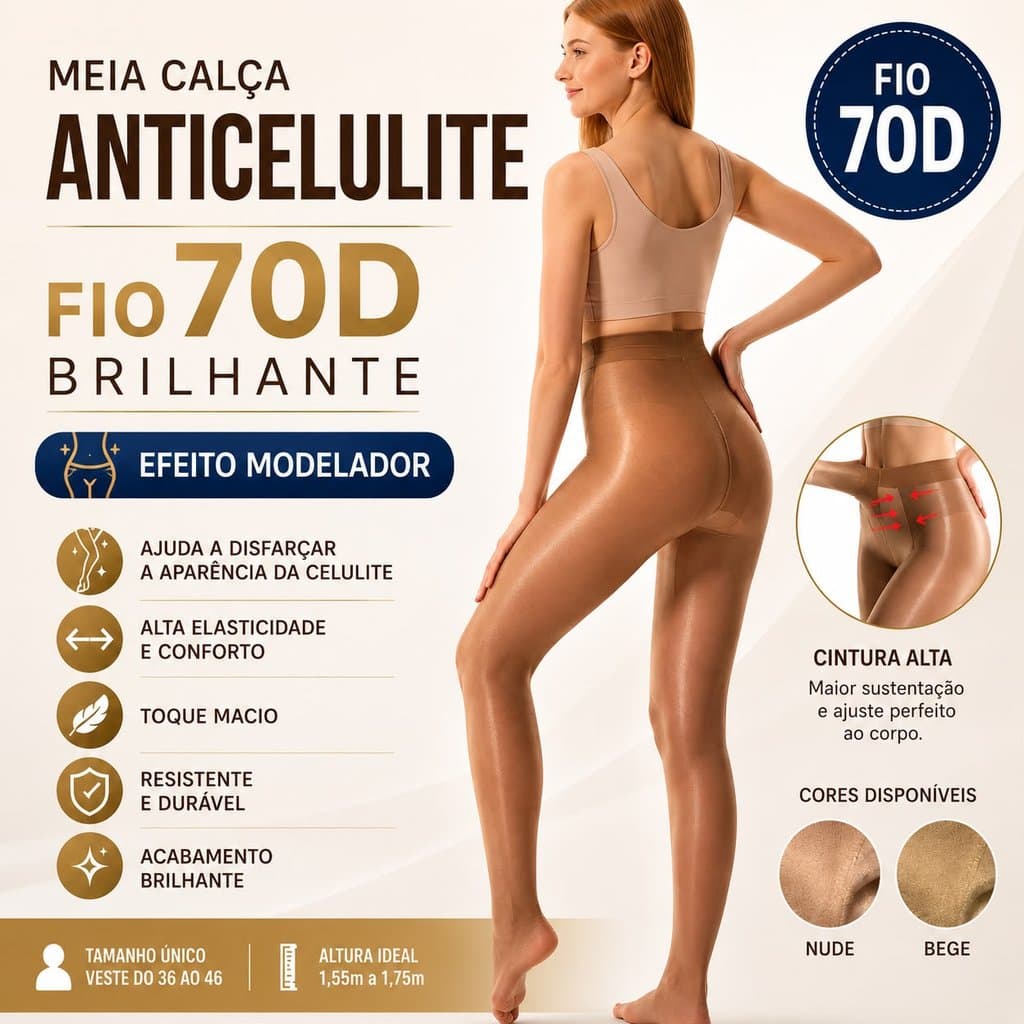 Meia Calça Feminina Fio 70D Anticelulite Brilhante Elástica Cintura Alta Nude Bege