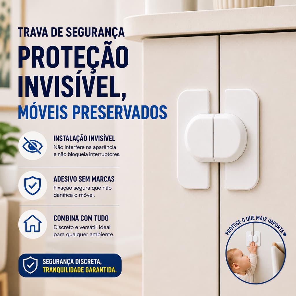 KIt Trava de Segurança para Geladeira Multifuncional Autoadesiva para Guarda Roupa e Gaveta Trava Infantil sem Furar