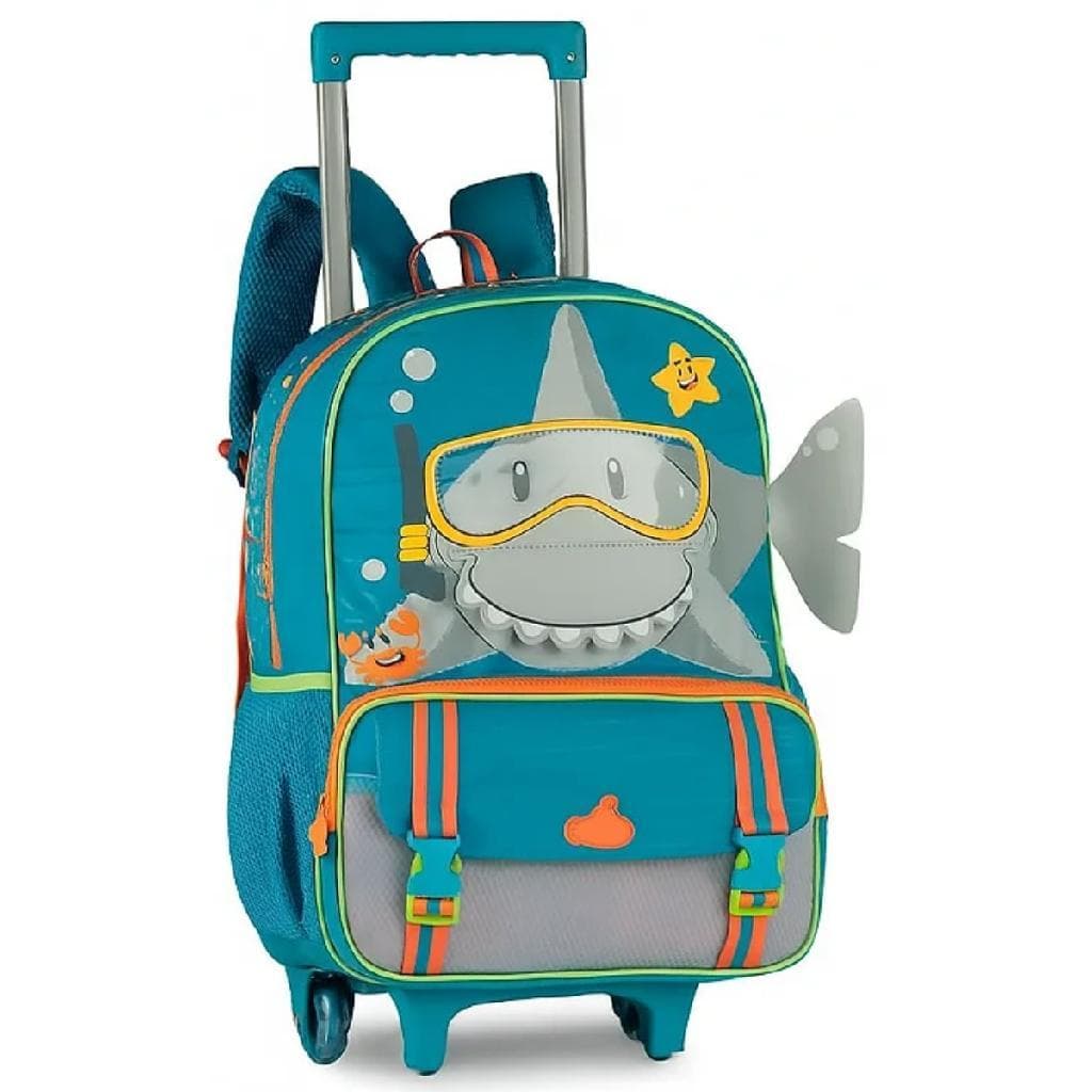 Mochila De Rodinhas Escolar Infantil Creche Media 16" Menino Tubarão Azul