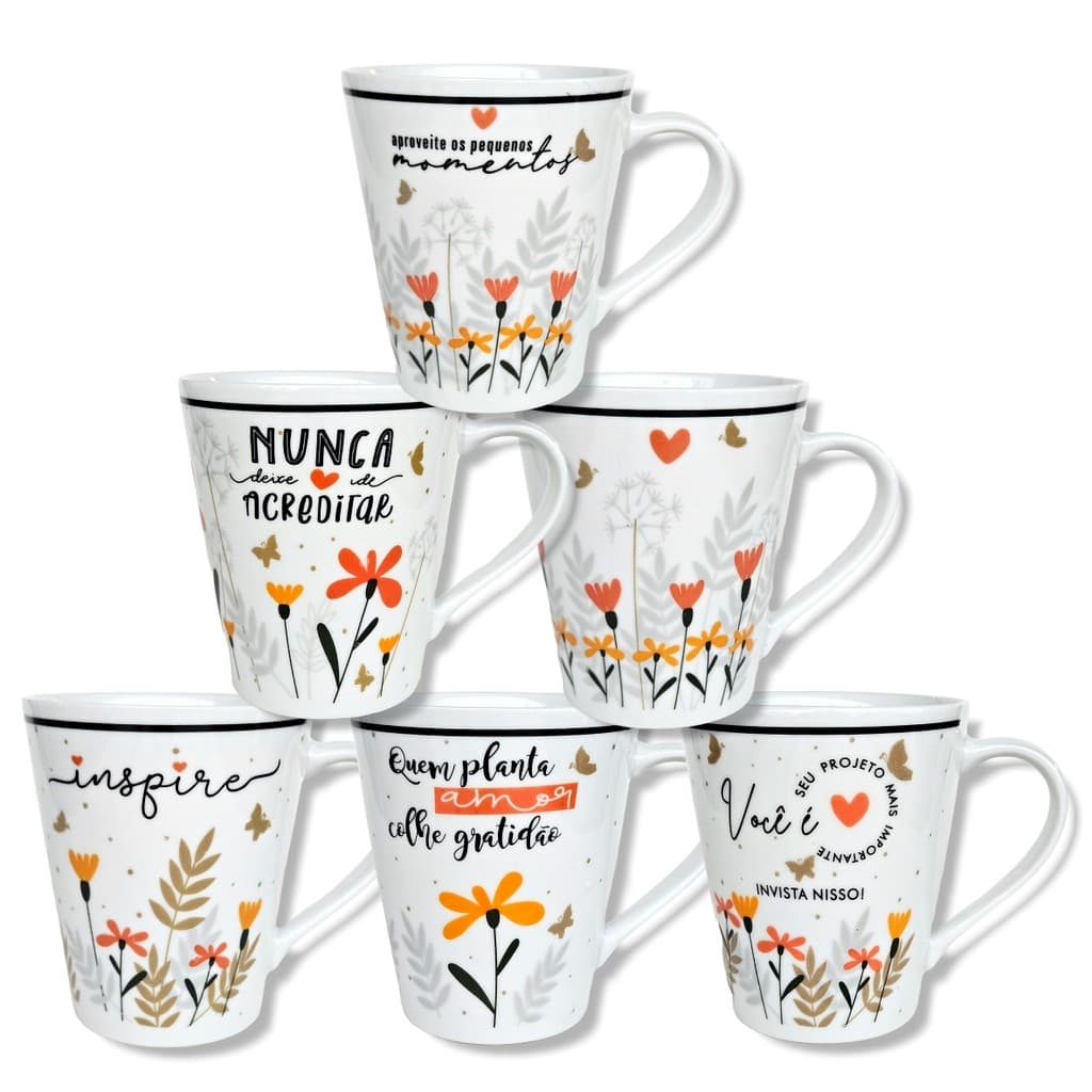 Canecas de porcelana brancas, cônicas, decoradas, 290 ml, xícara, café, chá, Col1-Floral