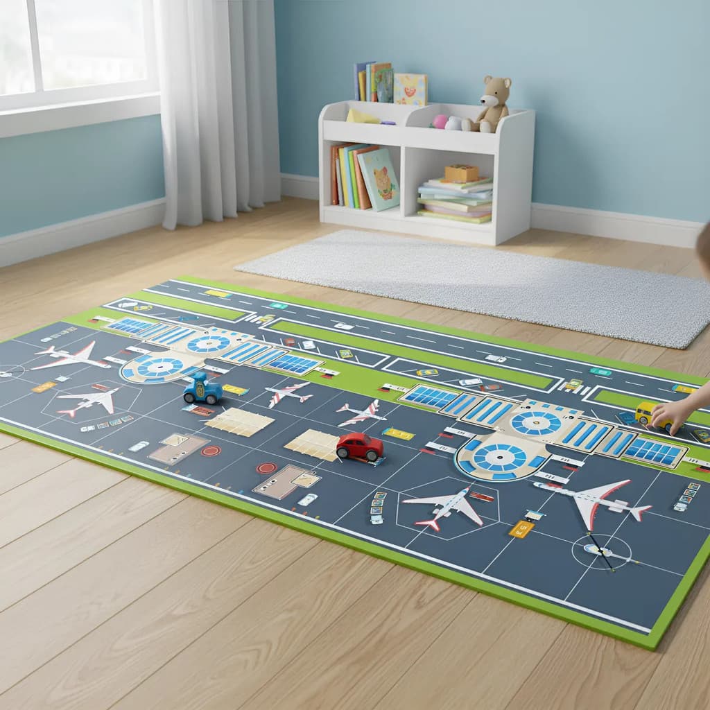 Tapete Infantil Pista Aviao Aeroporto 150x70cm Quarto Tapete Carro Transporte Lona Carrinhos Menino