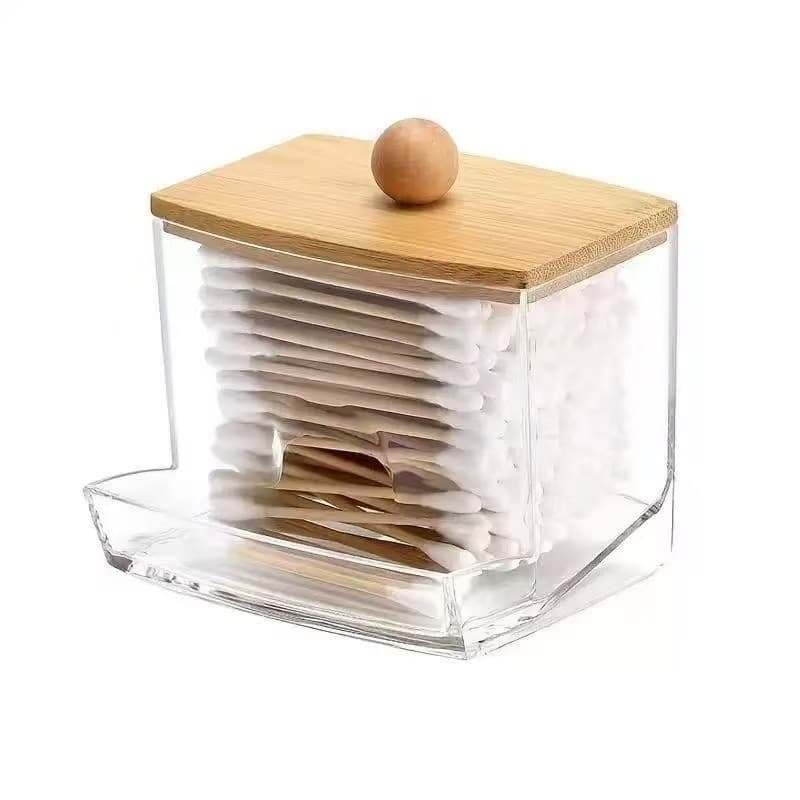 Organizador Algodão E Cotonetes Acrílico Tampa Bambu
