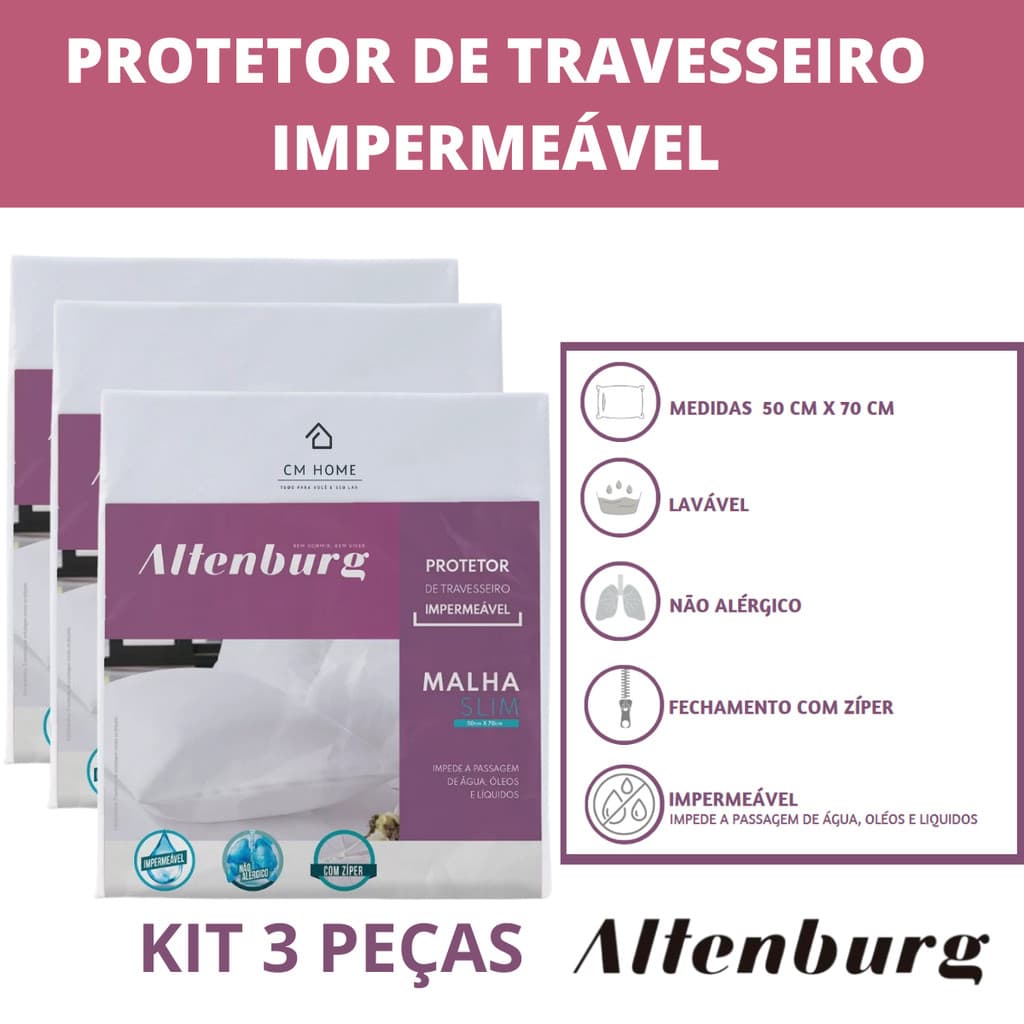 Capa Protetora de Travesseiro Impermeável Altenburg com Zíper Antiácaro Kit 3 Fronha Protetora