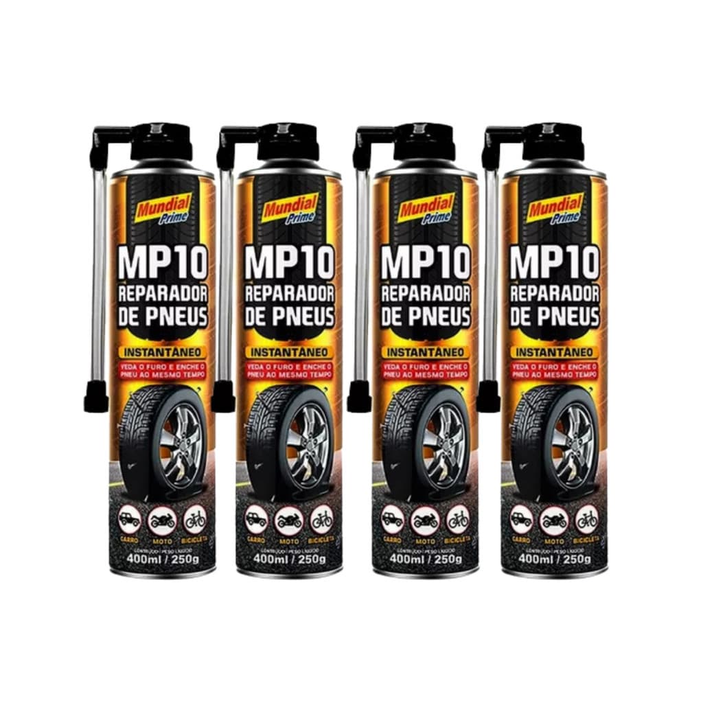 Kit 4 Reparador de Pneus Veda Furos Carro, Moto e Bicicleta 400ml - Mundial Prime