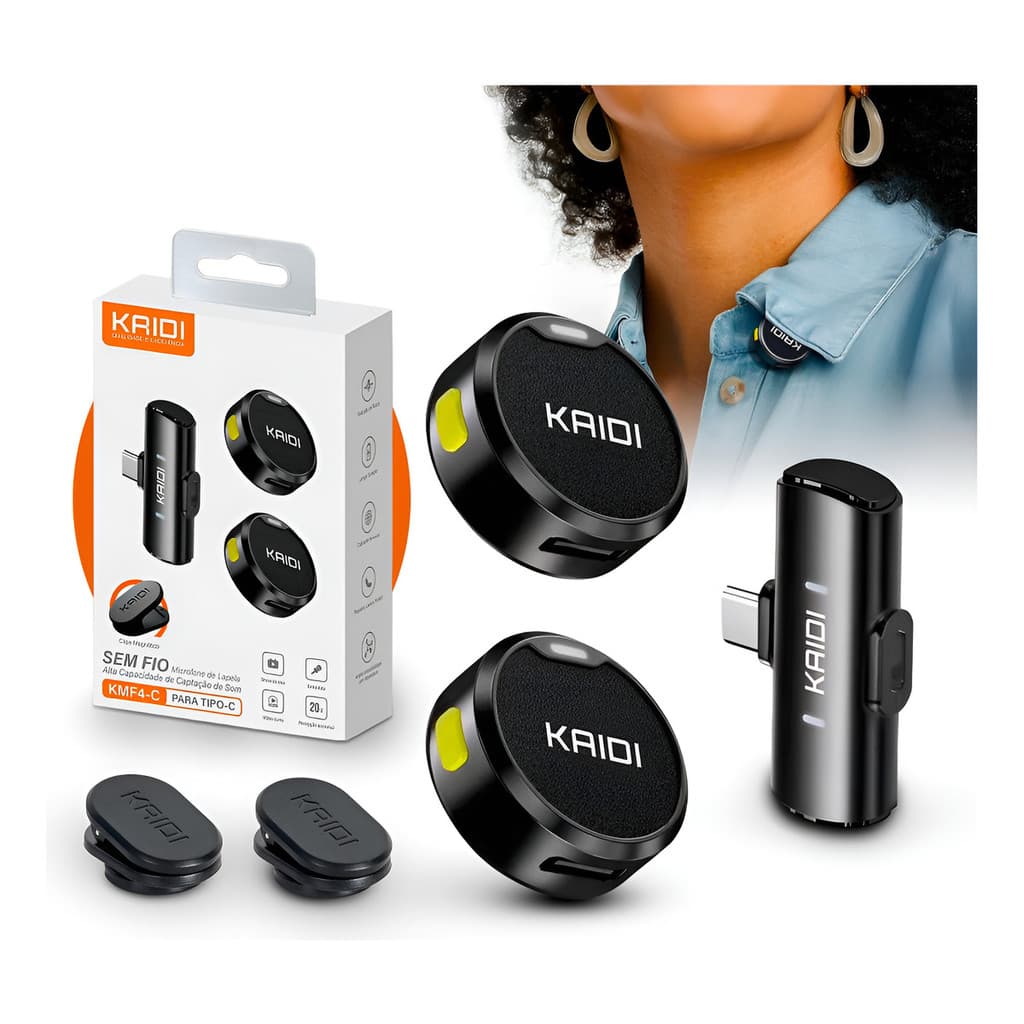 Microfone Lapela Redondo Imã Sem Fio Preto Duplo Anti Ruído Tipo-c Android Ou Iphone 15 E 16