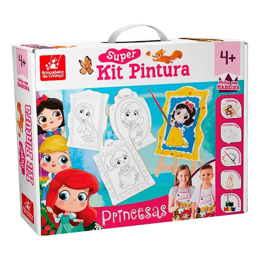 Super Kit Pintura Princesas 🎨👑 4 Telas + Cavalete + 6 Tintas + godê + avental + pincel