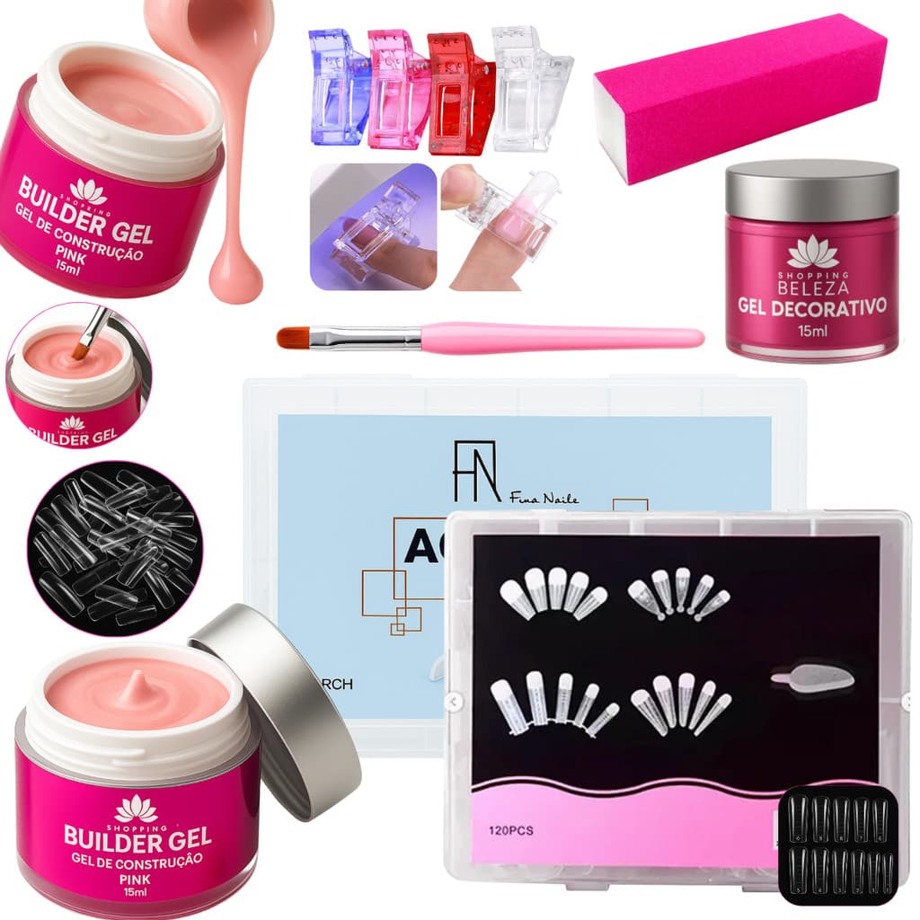 Kit Unhas de Gel Completo 2 Moldes F1 120pçs Presilha Molde Gel Construtor Builder Gel Painting Nail Designer