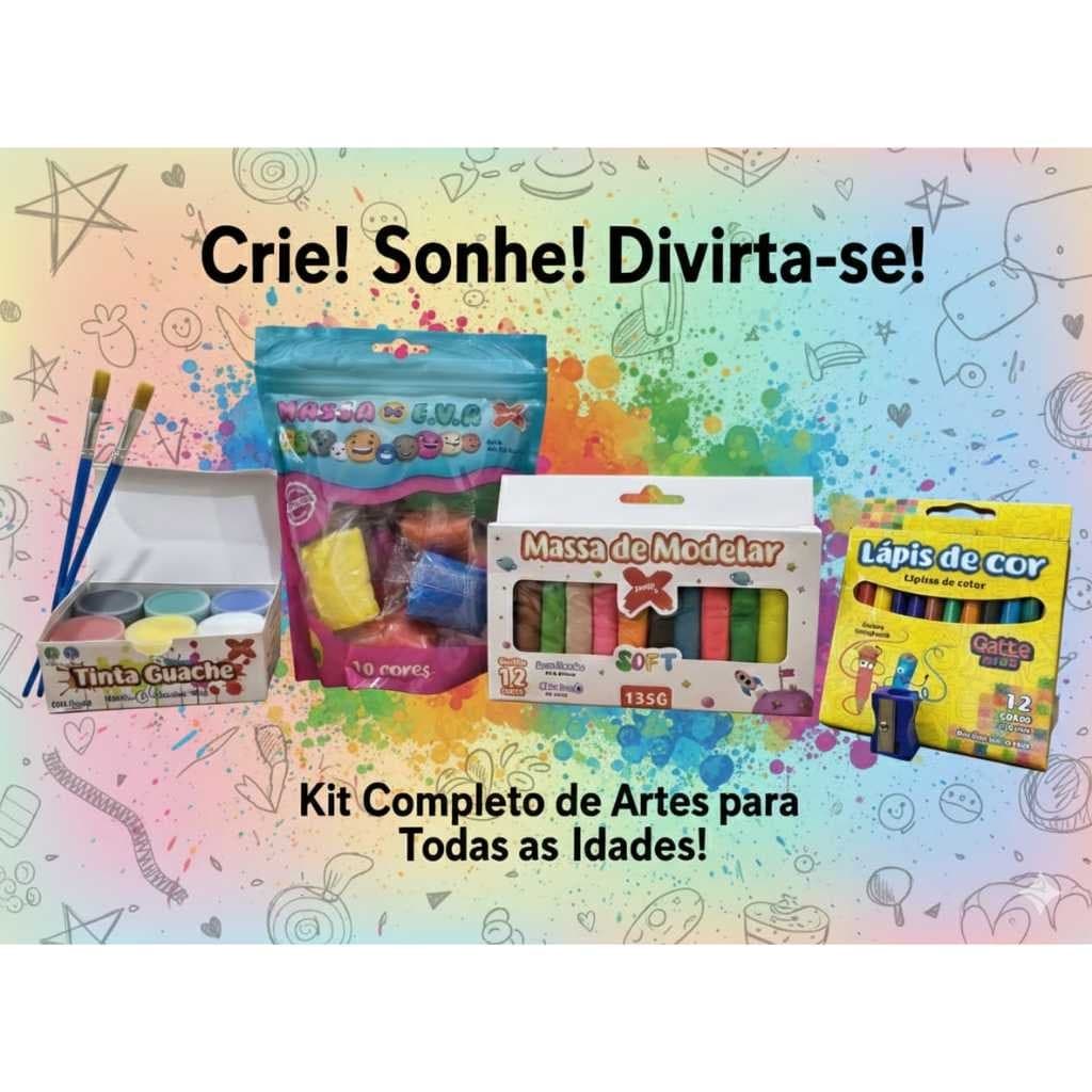 Kit de Artes e Pintura para Crianças e Escola com 12 Cores de Lápis Massa de Modelar e Tinta Guache