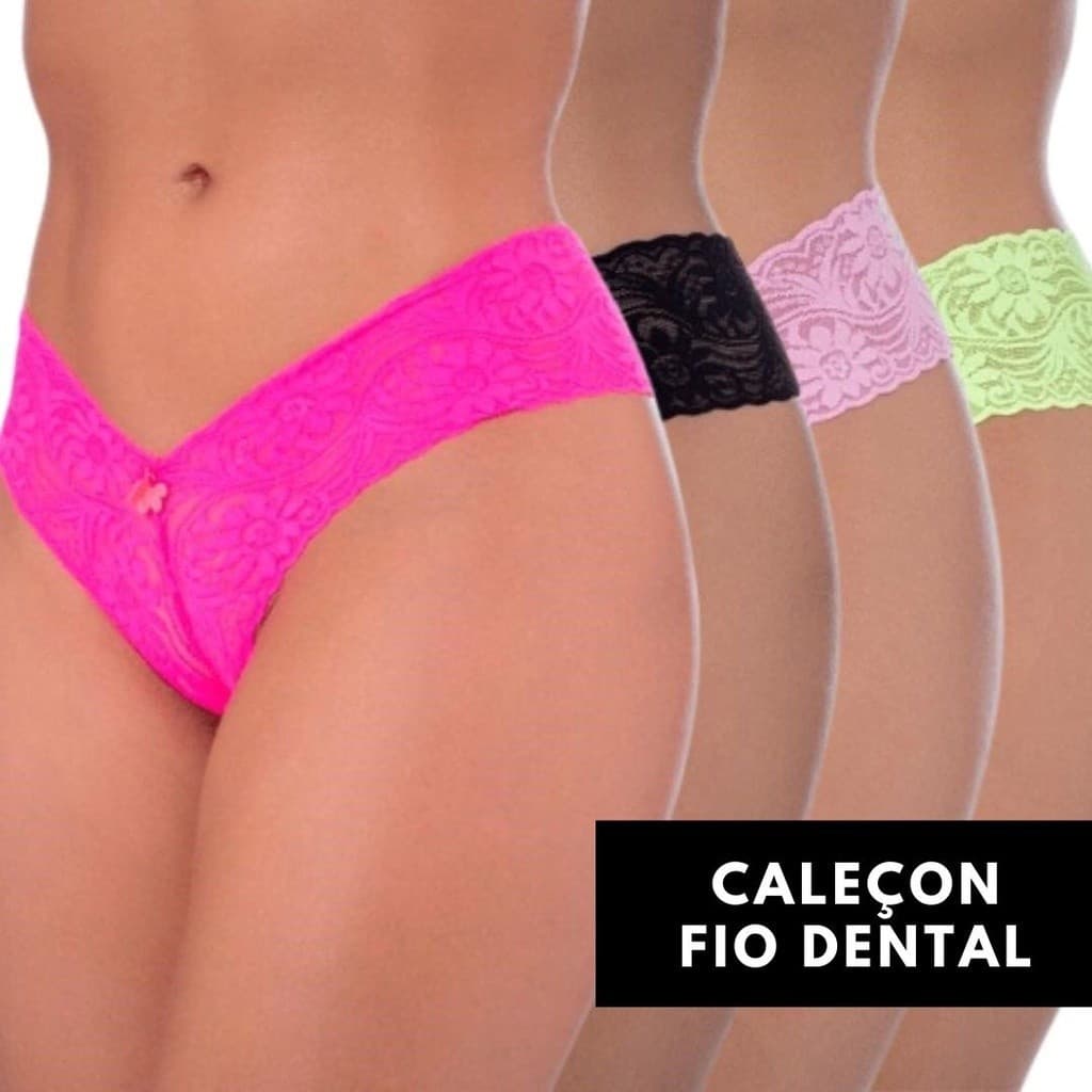 Kit 3 Calcinhas 100% Renda Fio Dental Com Forro De Algodão Tanga