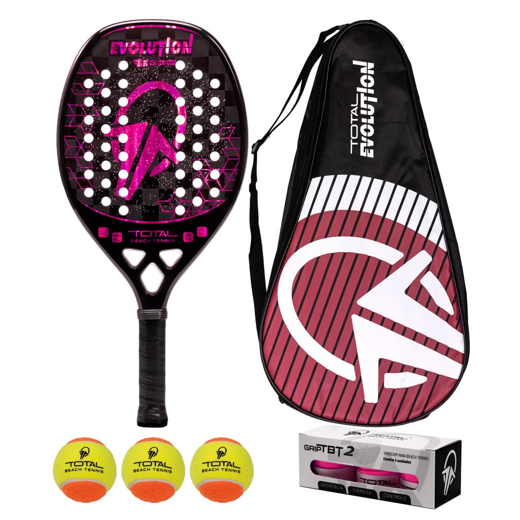 Kit Raquete Beach Tennis Carbono 18k Total Evolution Violeta 2025 + 3 Bolas + 3 Grips + Fita + Capa