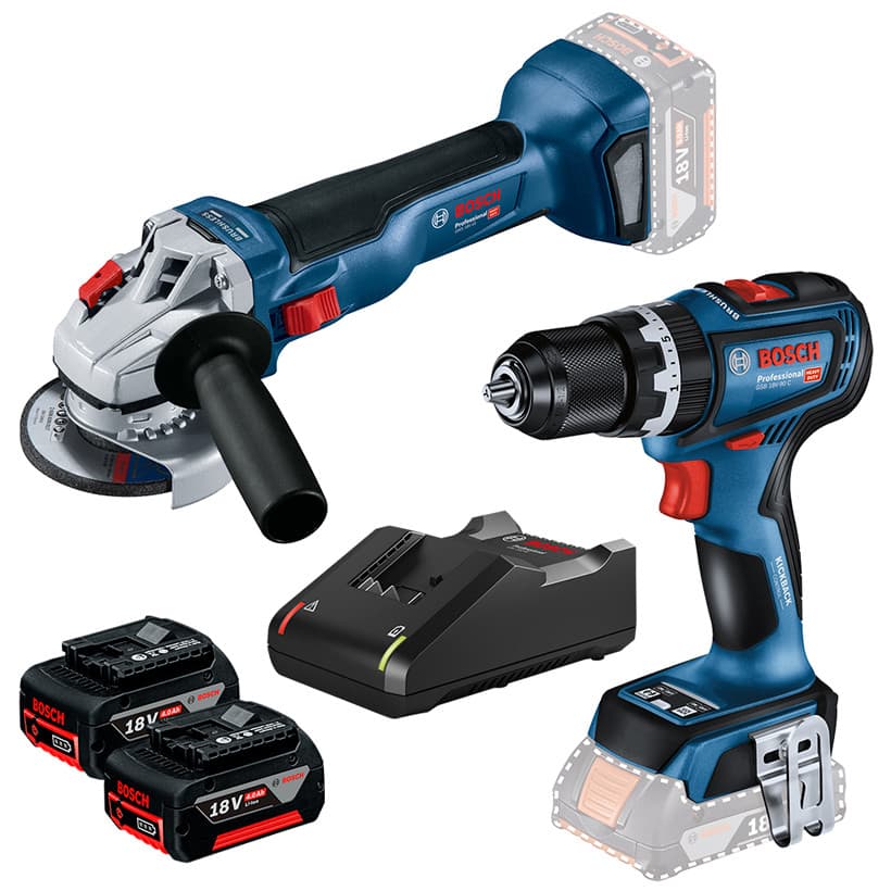 Parafusadeira Furadeira Imp 1/2" GSB 18V-90 C + Esmerilhadeira 5" GWS 18V-10 + 2 Bateria 4Ah + Carregador Rápido Bosch